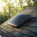 Solar-powered device on a shingled roof in bright sunlight, with trees blurred in the background