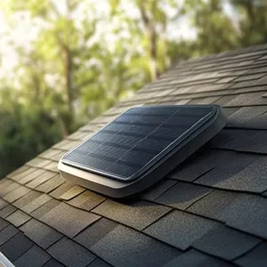 Solar-powered device on a shingled roof in bright sunlight, with trees blurred in the background