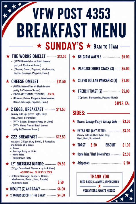 An advertisement for a restaurant that says breakfast 9am to 11am every sunday