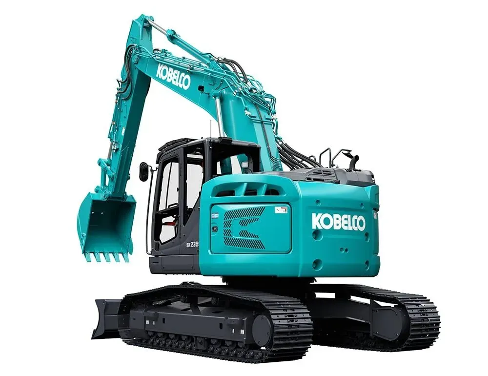 A teal Kobelco excavator with a front blade and a bucket, shown against a plain white background — Forecast Machinery in Yarrawonga, NT