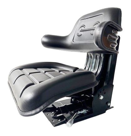 A black tractor seat with a molded backrest, armrests, and a metal mounting base on a white background — Forecast Machinery in Yarrawonga, NT