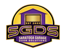 Logo for Saratoga Garage Door Solutions: Purple and gold garage door icon with SGDS text,