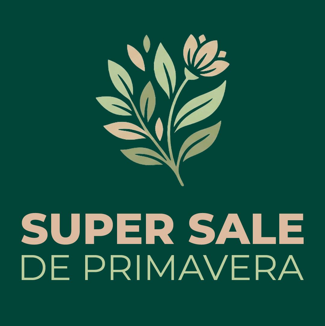 Banner de promoção de primavera com folhas bege e a inscrição “SUPER PROMOÇÃO DE PRIMAVERA” sobre um fundo verde escuro.