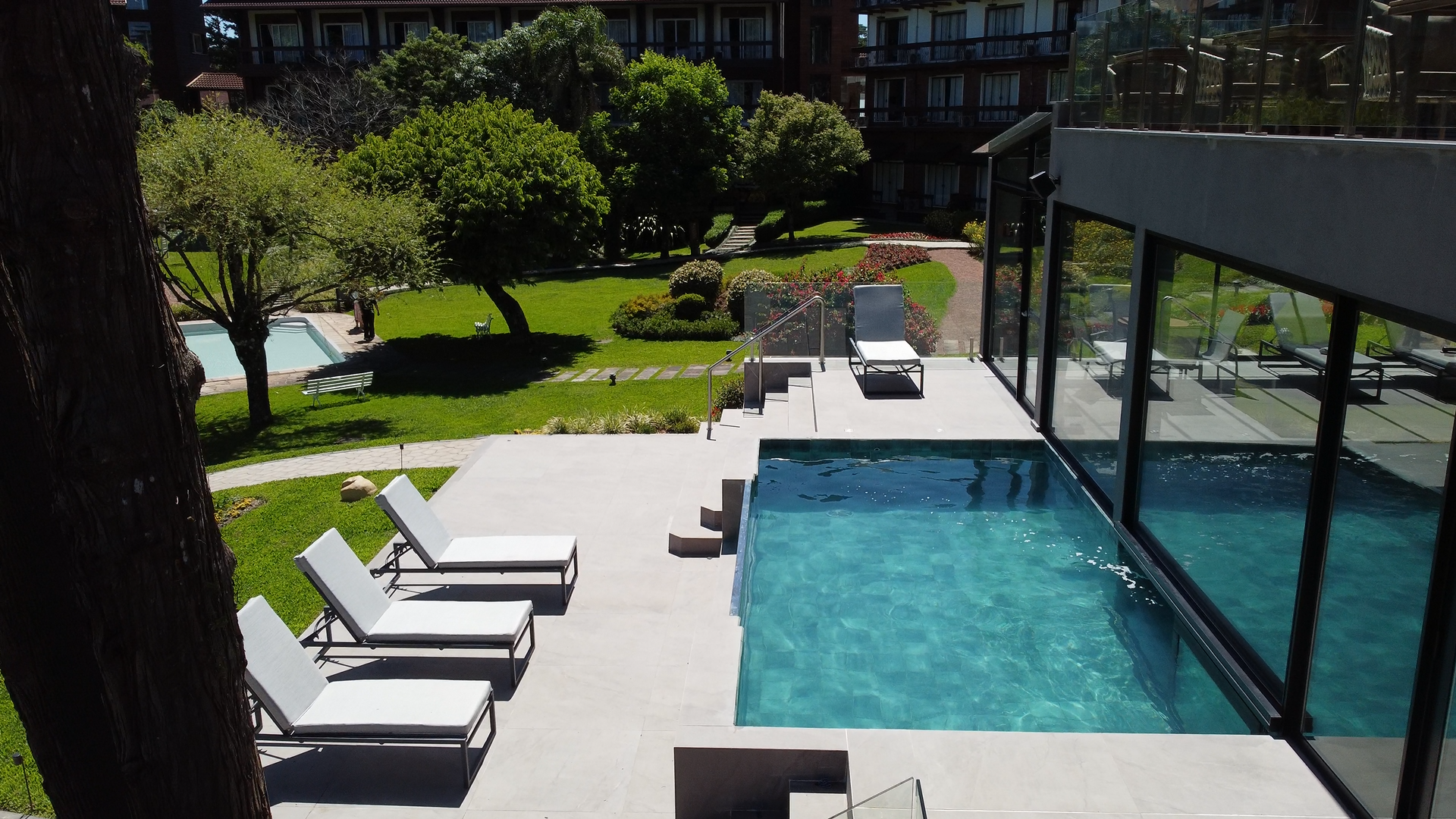 Pátio externo com piscina, espreguiçadeiras brancas, gramado verde e estrutura envidraçada sob a luz do sol.