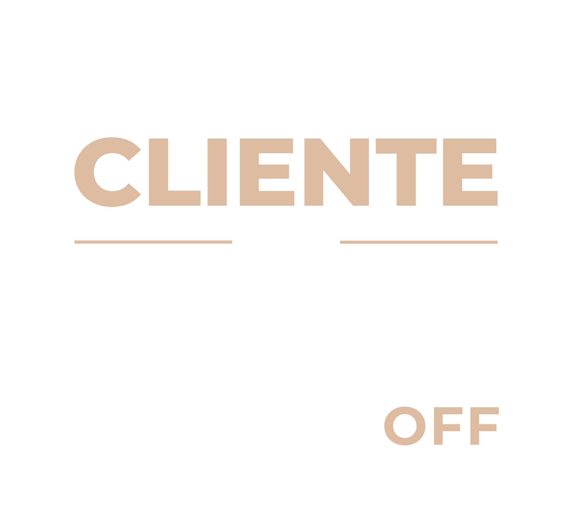 Promoção “Semana do Cliente”: até 50% de desconto em fundo branco e dourado claro.