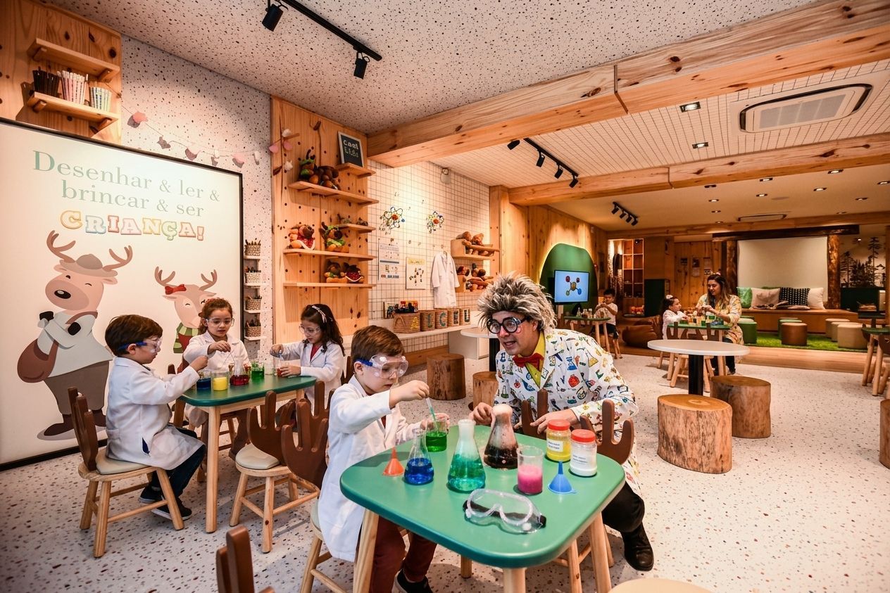 Pessoas sentadas às mesas em um café ou espaço de coworking com iluminação aconchegante, trabalhando e conversando.