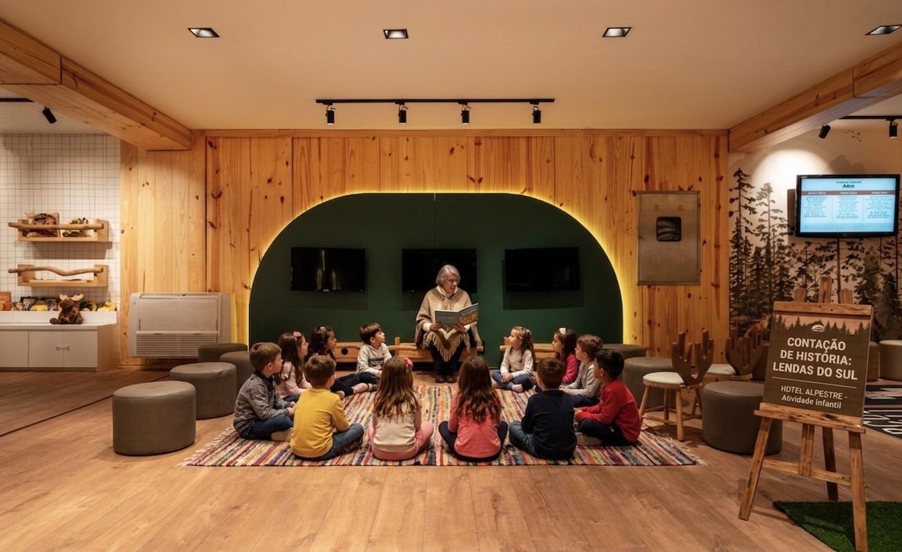 Crianças sentam-se ao redor de personagens natalinos fantasiados em uma sala de jogos interna com iluminação aconchegante, com uma TV ao fundo.