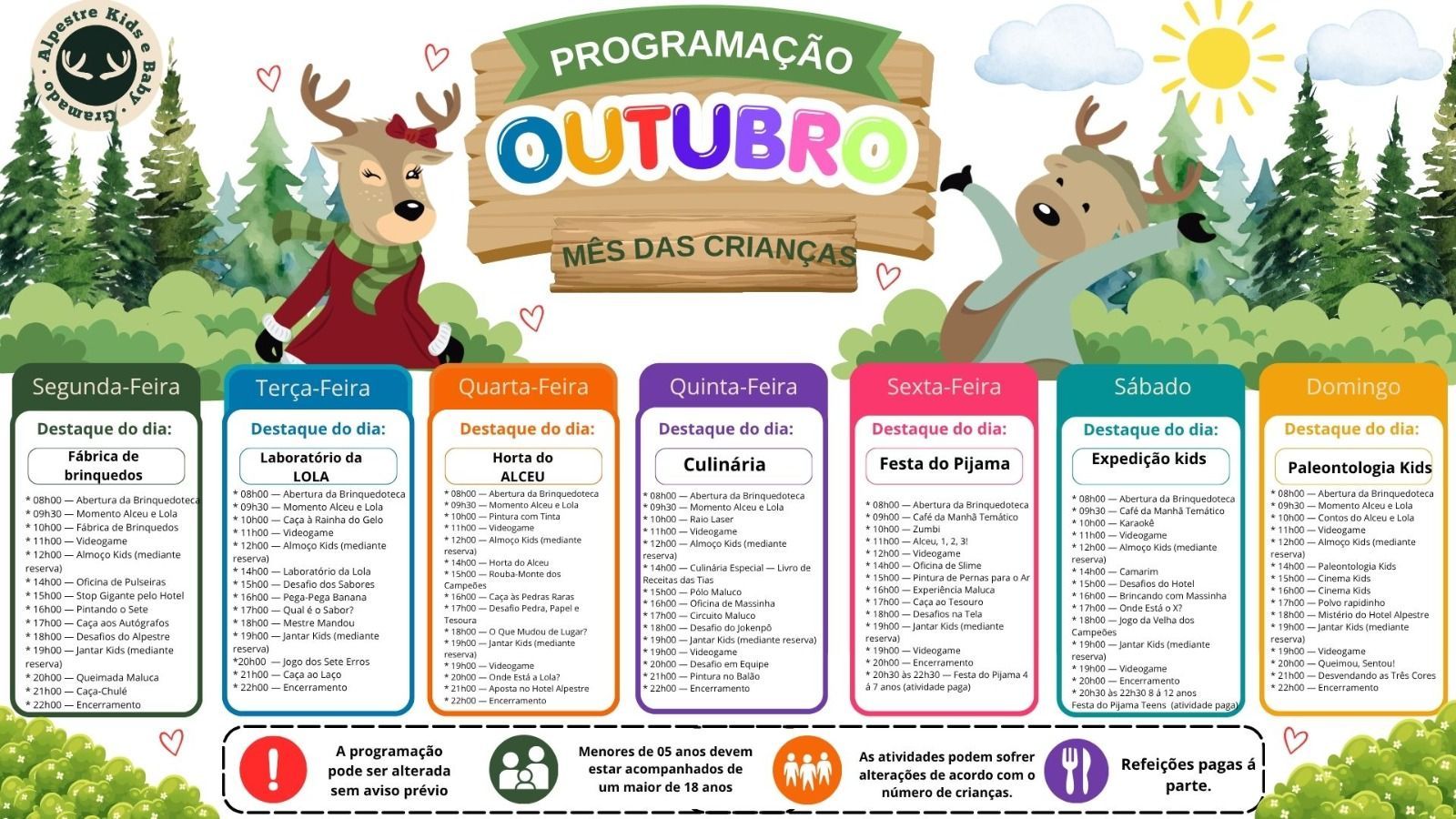 Calendário de atividades infantis de agosto com programação diária colorida e um cervo de desenho animado no topo.