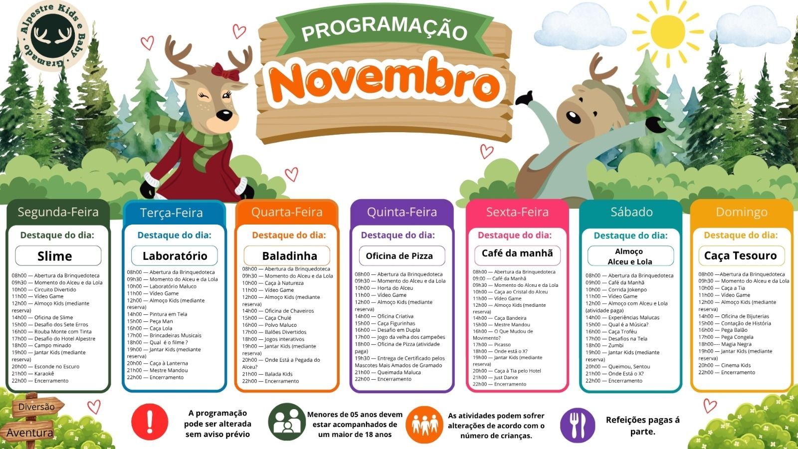 Calendário de atividades infantis de agosto com programação diária colorida e um cervo de desenho animado no topo.