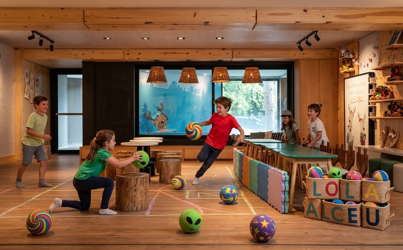 Crianças sentam-se ao redor de personagens natalinos fantasiados em uma sala de jogos interna com iluminação aconchegante, com uma TV ao fundo.