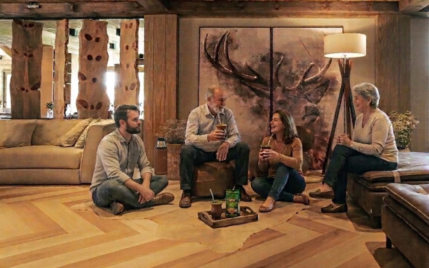 Quatro pessoas estão sentadas no chão da sala de estar de uma cabana rústica e aconchegante, conversando em volta de uma mesa baixa.