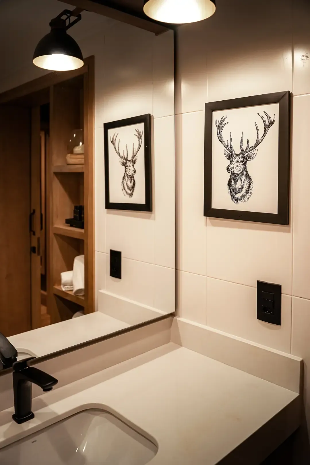 Bancada de banheiro moderna com pia, espelho, arandelas pretas e quadro com desenho de veado na parede revestida de azulejos.