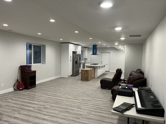 Finished basement with full bathroom, fireplace, and family gathering space.
