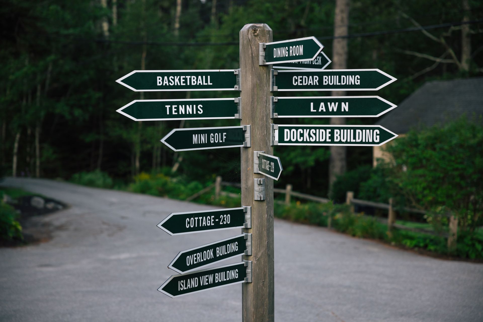 Wooden post with directional signs, including 