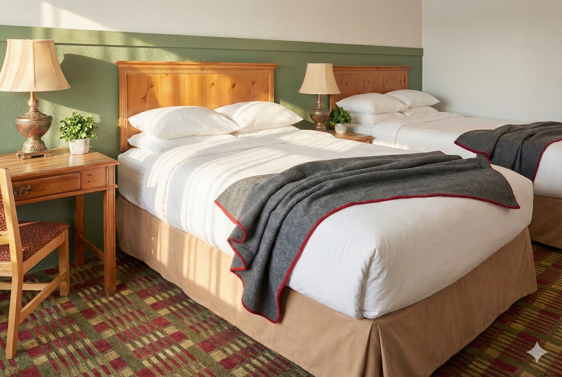 Hotel room with two beds, wooden headboards, bedside table with lamp, and floral carpet.