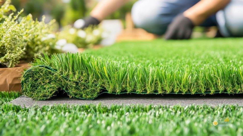 A person kneeling in a garden, unrolling a strip of green artificial turf onto a flat surface.
