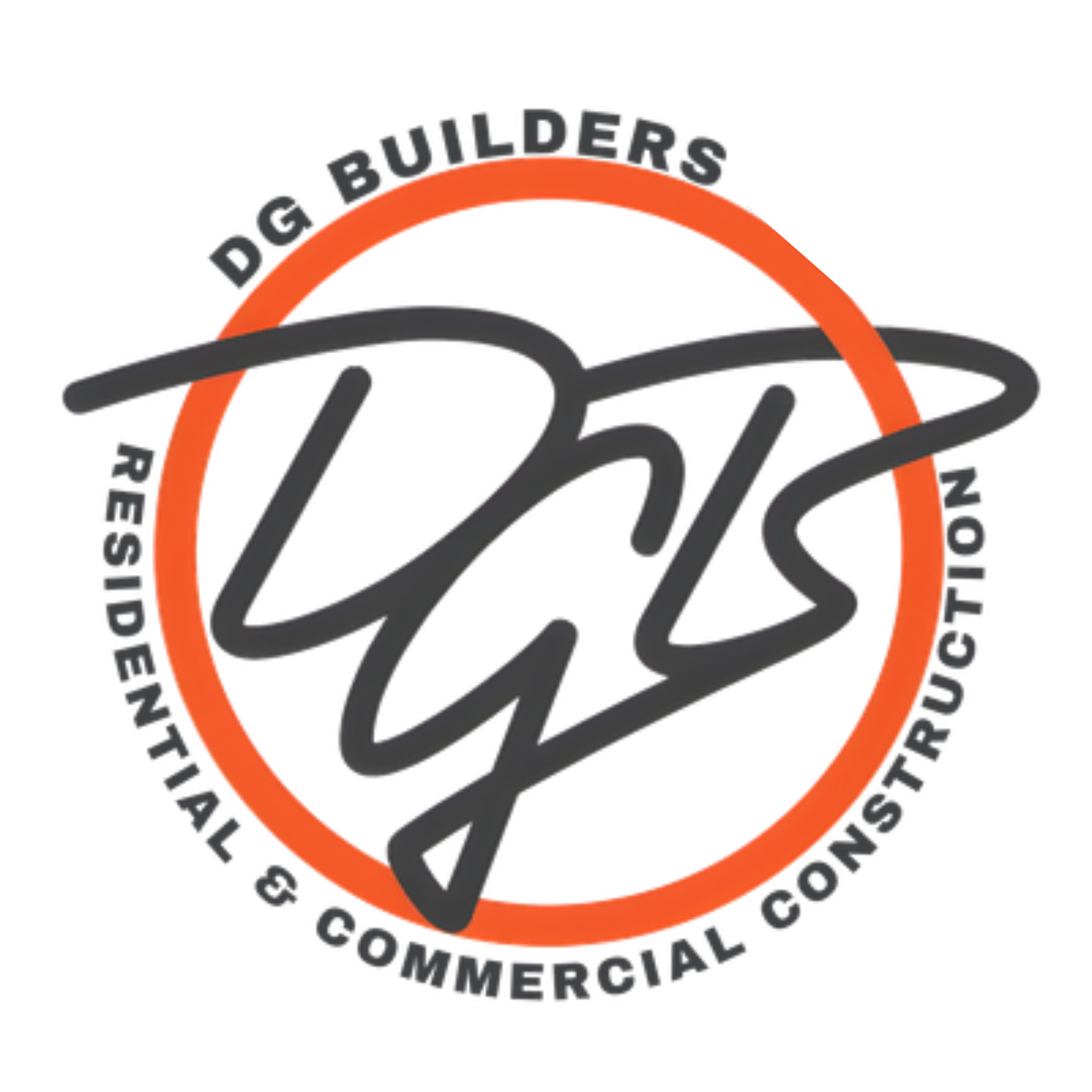 DG Builders Residential & Commercial Construction logo with orange ring and gray stylized initials