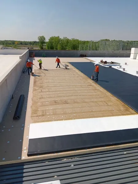 Workers installing insulation on a rooftop, with wooden boards and white roof edges under a clear sky
