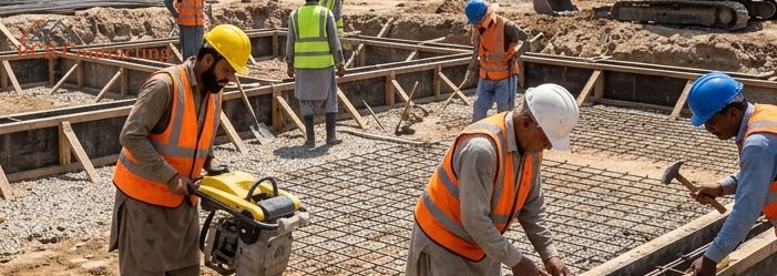 Construction crew preparing the ground for a concrete foundation pour