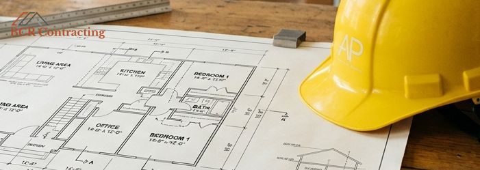 A professional architectural blueprint on a wooden desk with a hard hat nearby