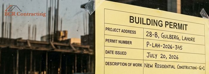 Close-up of a building permit posted in a window at a construction site