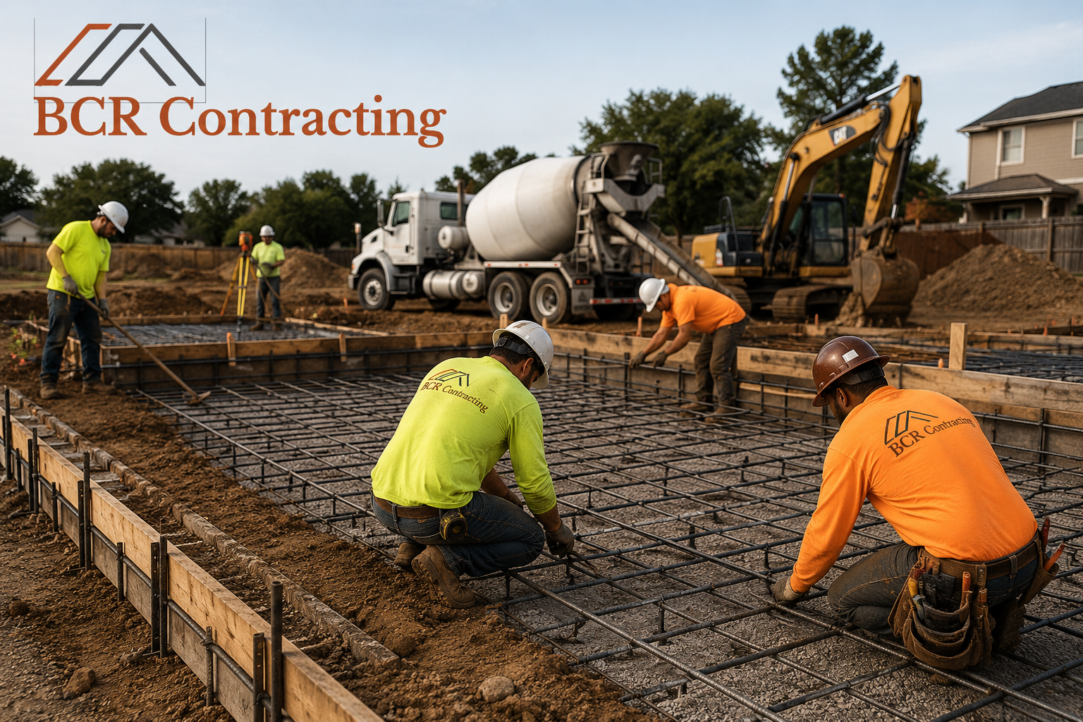 Construction crew preparing the ground for a concrete foundation pour