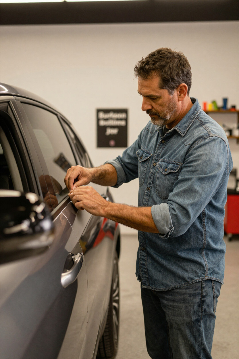 Shop owner reviewing a vehicle wrap installation inside the Burleson shop
