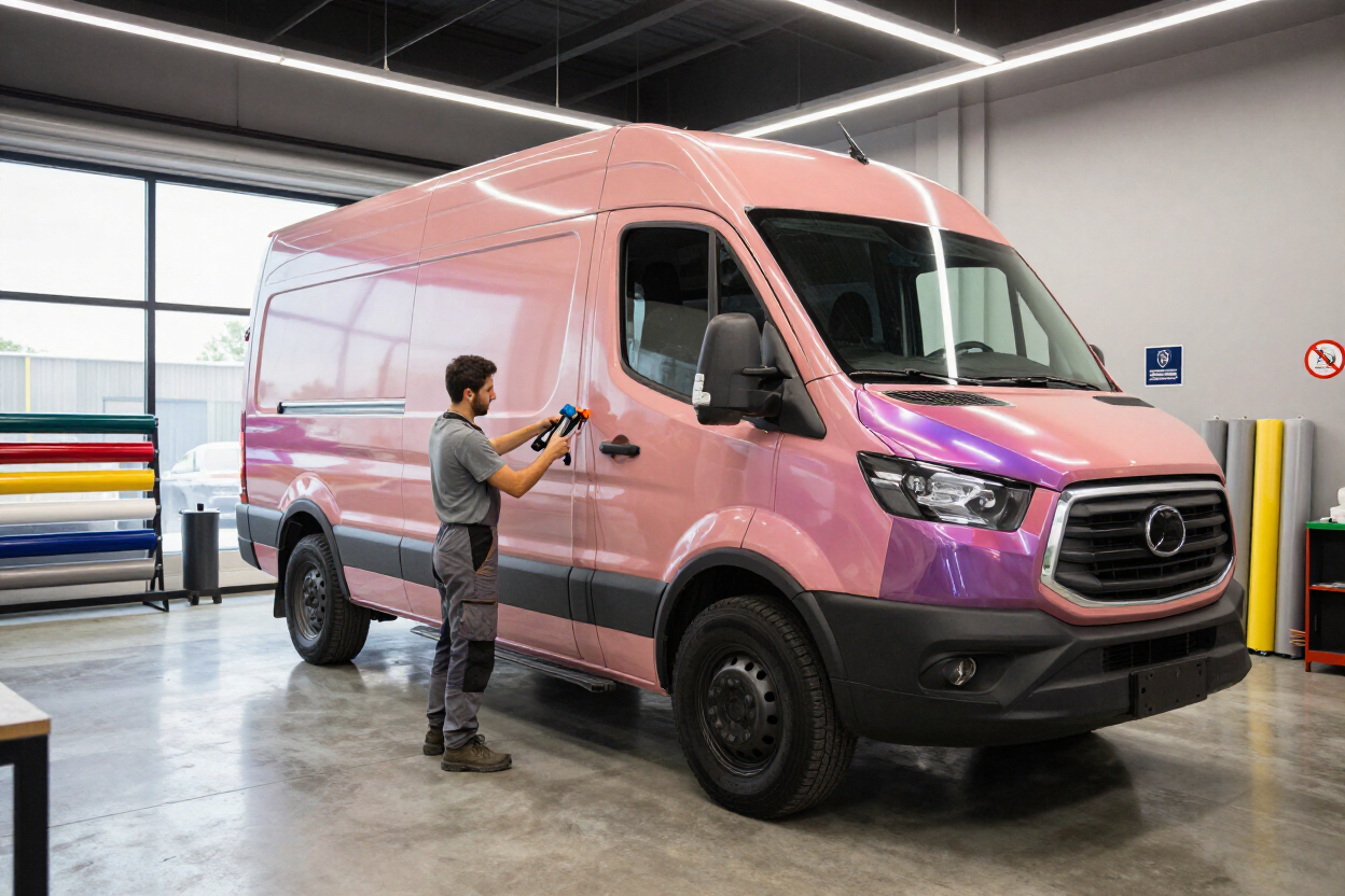 Vehicle wrap installer working on a commercial truck inside the Sign Shop of Burleson