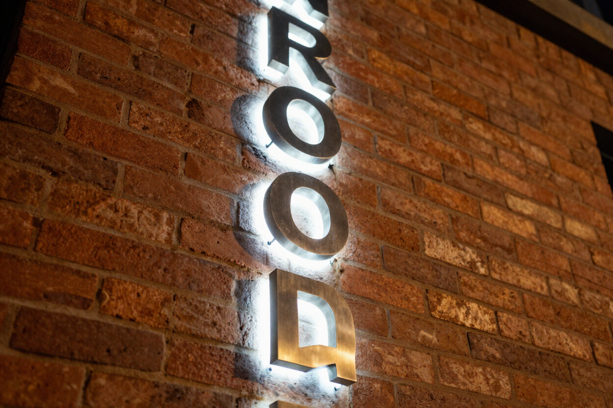 Illuminated channel letters on brick facade