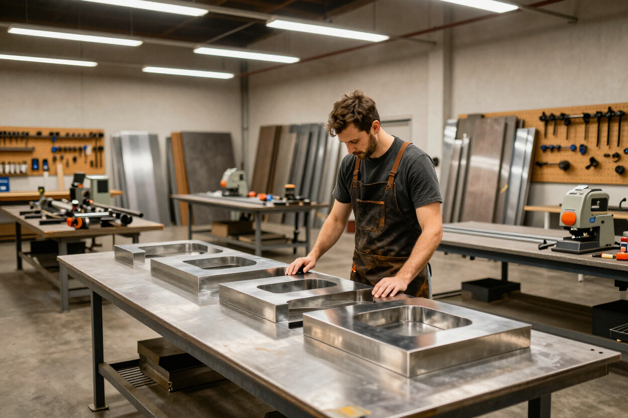 Craftsman inspecting channel letter in fabrication workshop