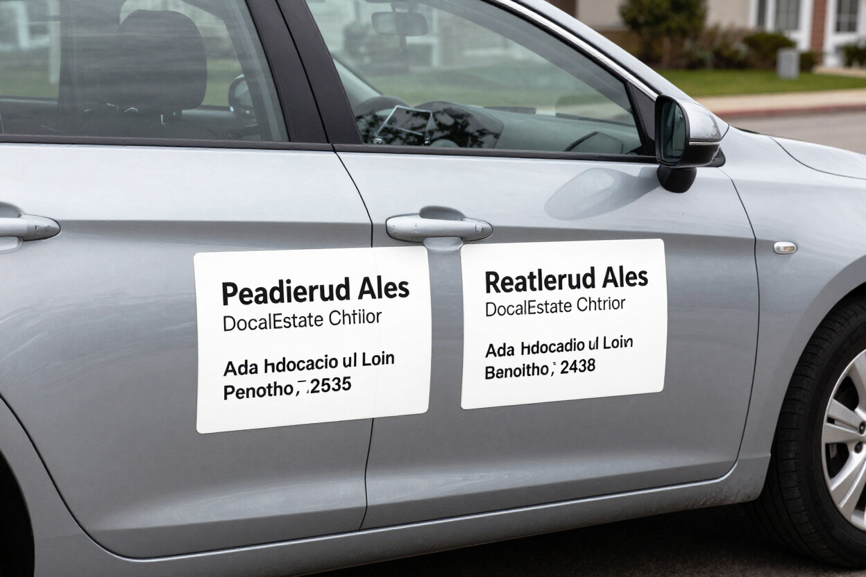 Silver sedan with real estate magnetic door signs