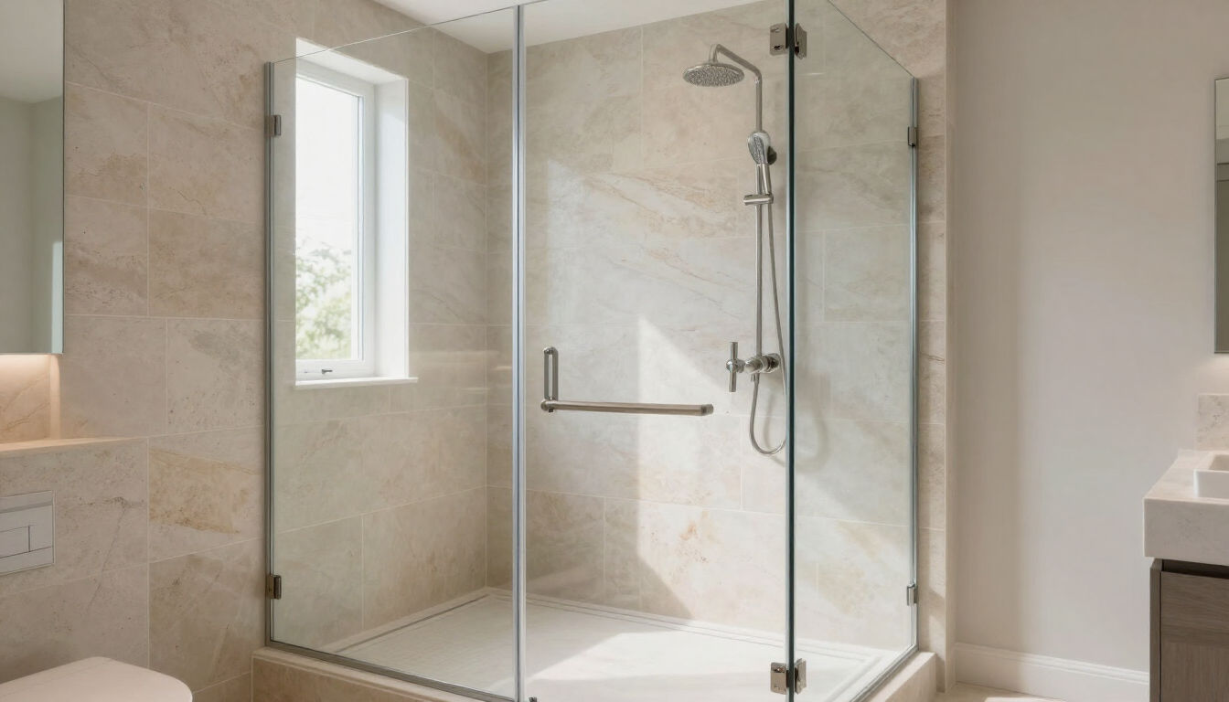 Bright beige walk-in shower with glass doors, wall-mounted showerhead, and window light.