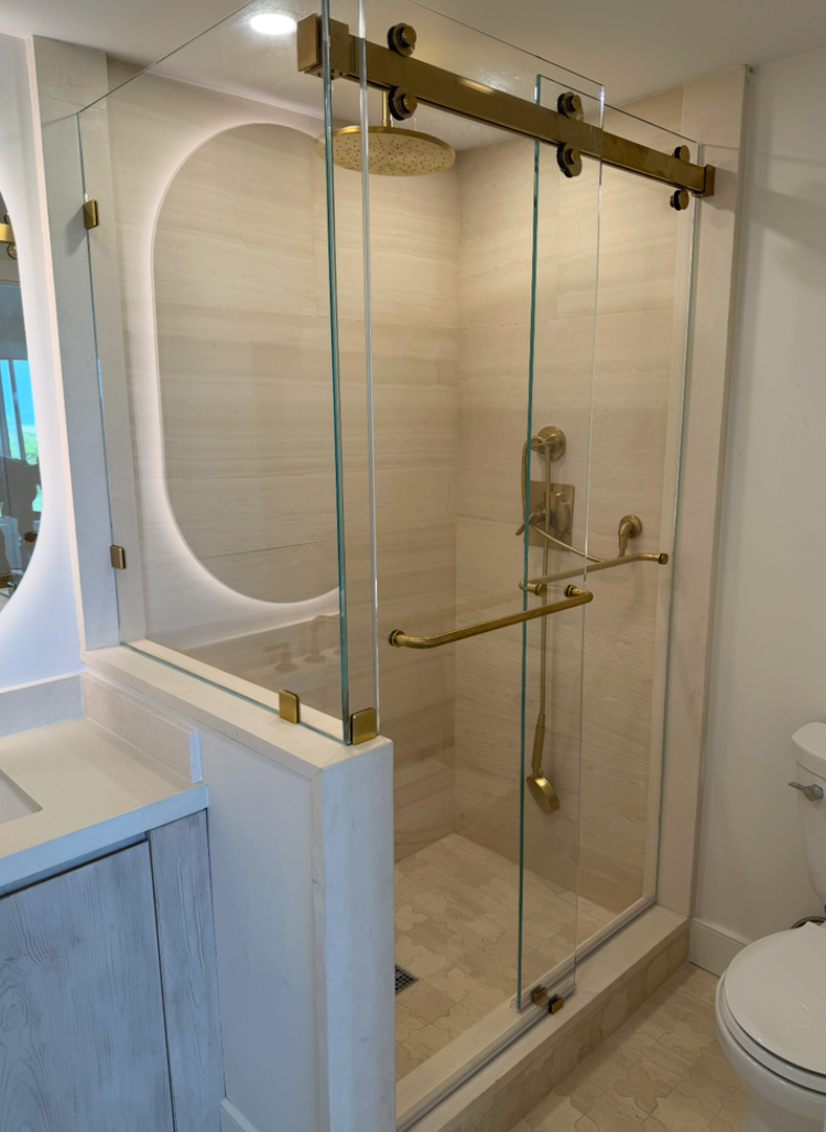 Modern glass shower enclosures in a Massachusetts bathroom