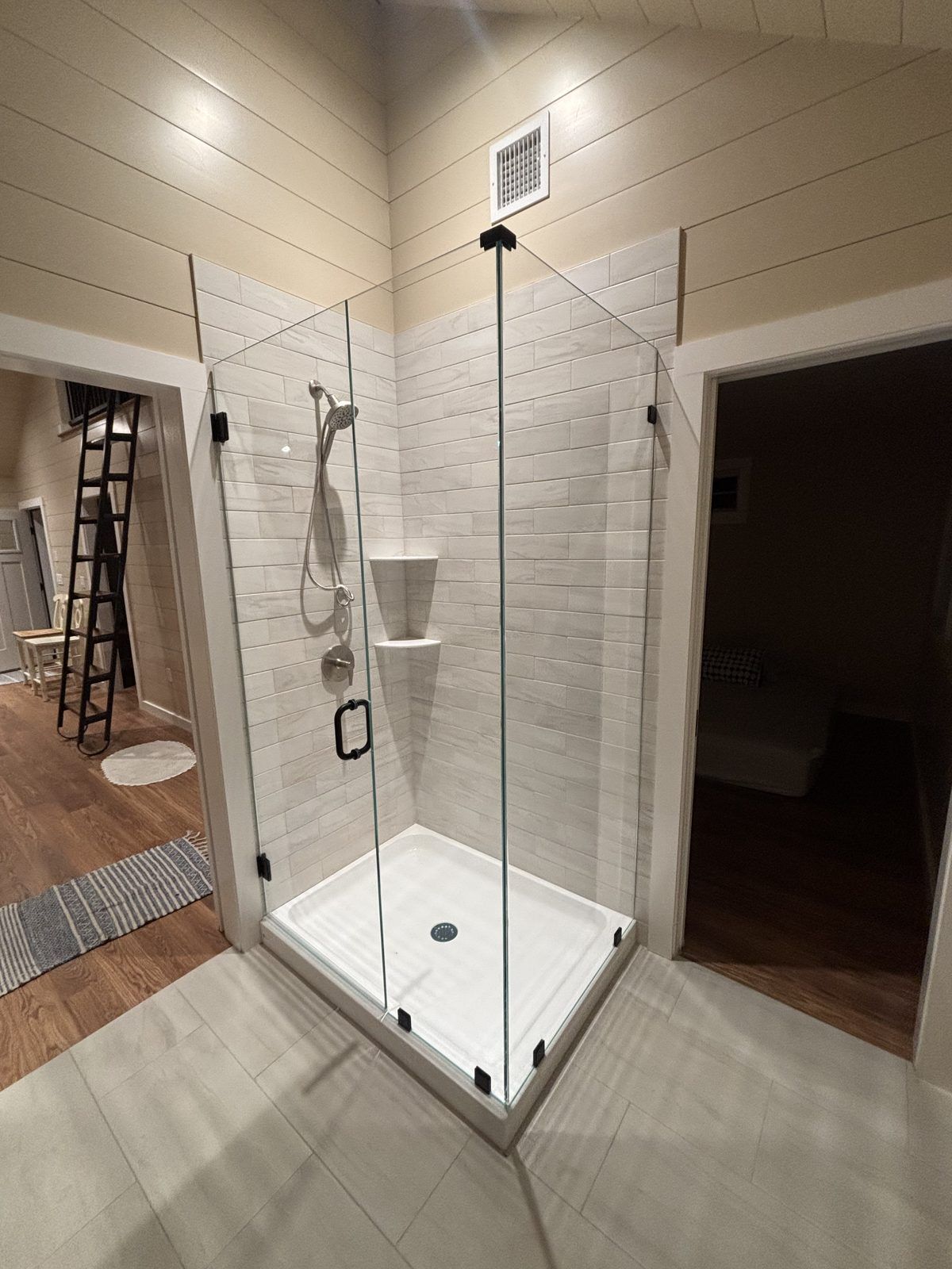 Frameless corner shower enclosure with matte black hardware, Hingham, MA