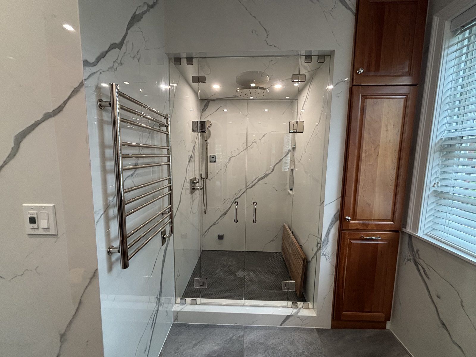 Frameless steam shower enclosure with transom panel, Boston, MA