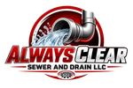 Always Clear Sewer and Drain LLC logo with red and silver pipes pouring water