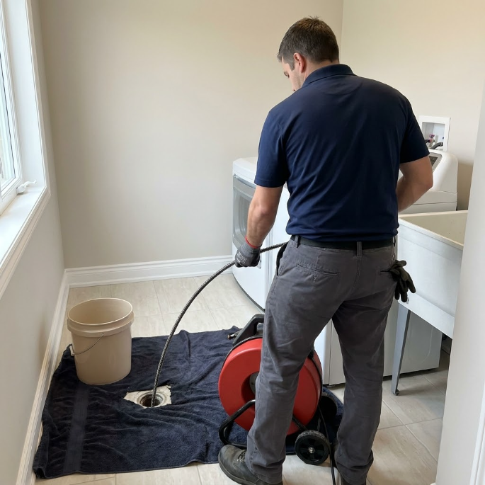 Worker using a drain auger in a small room beside a sink and bucket