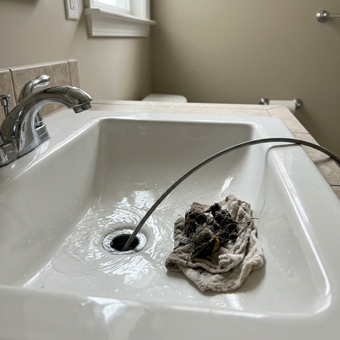 Bathroom sink with a dirty rag and dark debris beside the drain