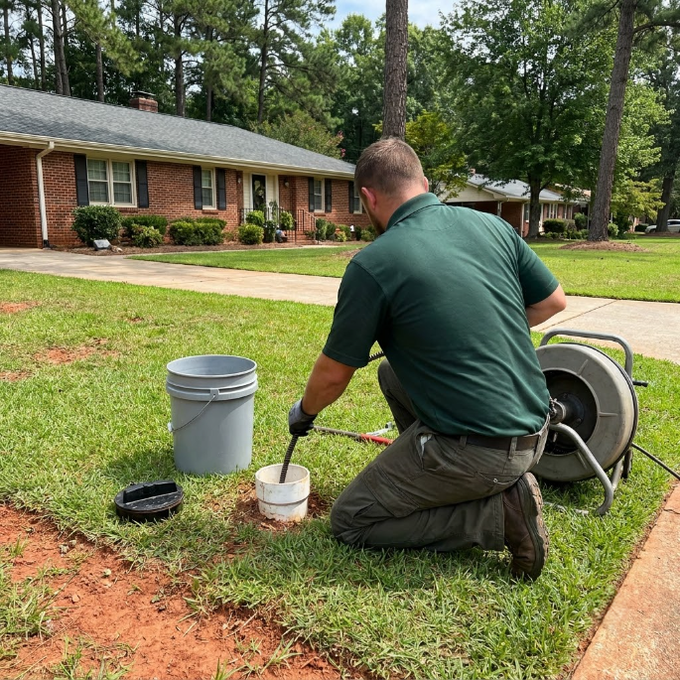 Worker kneels on lawn, applying treatment near a brick house with a hose reel and bucket.