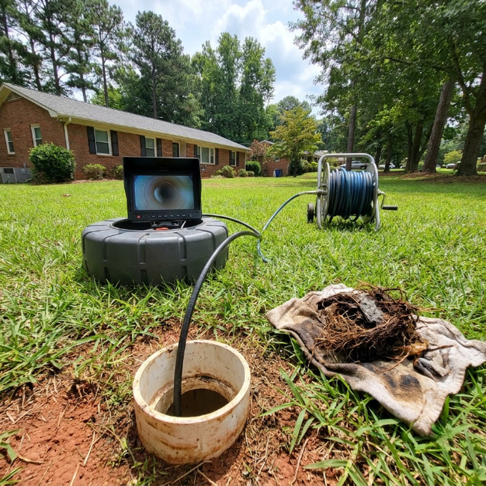 Sewer camera reel and monitor on a lawn beside a drain opening and dirty cloth near a brick house
