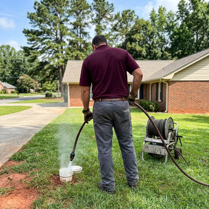 Man pressure washing a driveway beside a brick house, spraying water into a bucket.