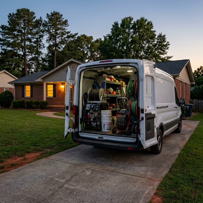 White work van packed with tools and hoses in a suburban driveway at dusk