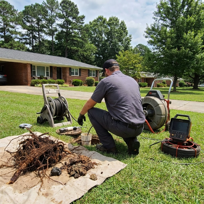 Worker kneels by sewer equipment on a lawn beside a house, with tangled roots and tools spread out nearby