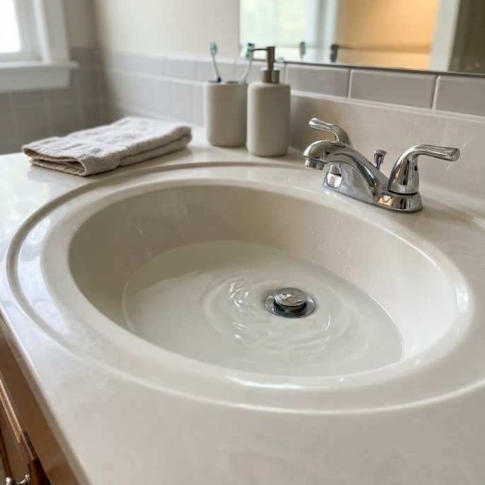 White bathroom sink with chrome faucet, soap dispensers, and folded hand towel on the counter.