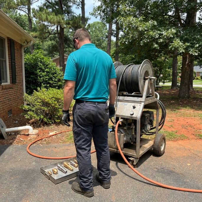 Worker operating a pressure washer near a house, with hose reel and orange hose on a driveway