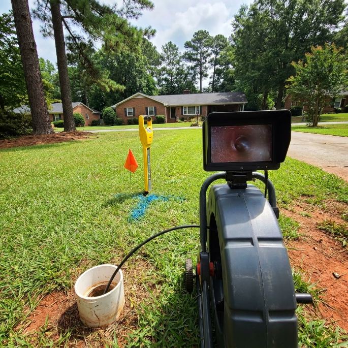 Sewer drain inspection camera in a yard, with markers and a bucket near a house driveway.