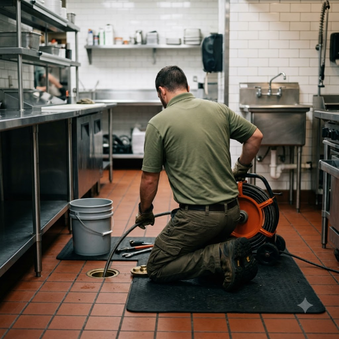 Worker kneeling on floor, using an orange drain auger in a commercial kitchen sink area.