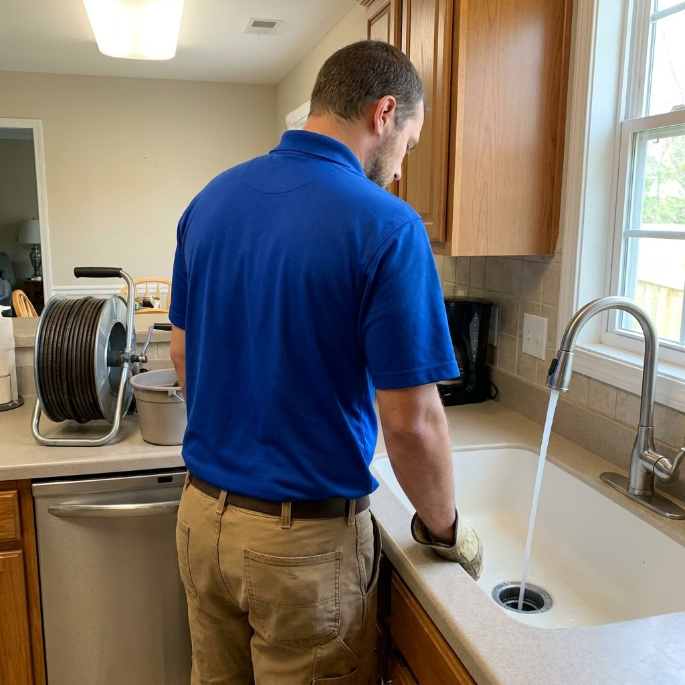 Man in blue shirt cleaning a kitchen sink beside a window.