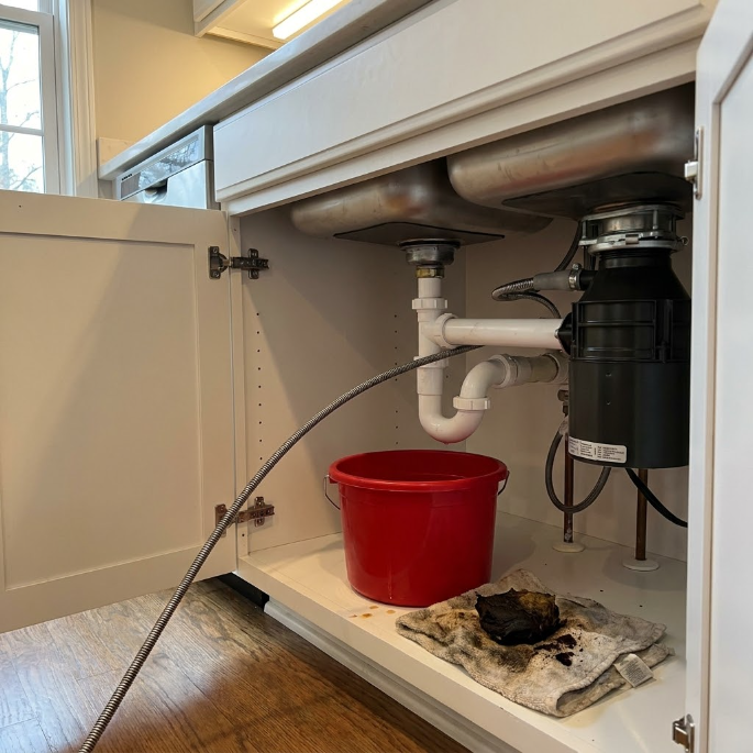 Under-sink cabinet with exposed plumbing, a red bucket, and cleaning supplies on the floor