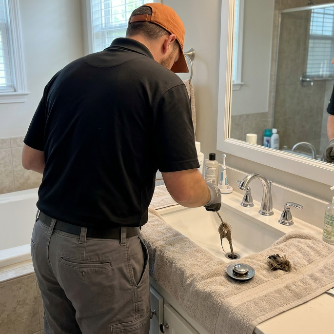 Person in black shirt and orange cap working under a bathroom sink beside a vanity mirror.